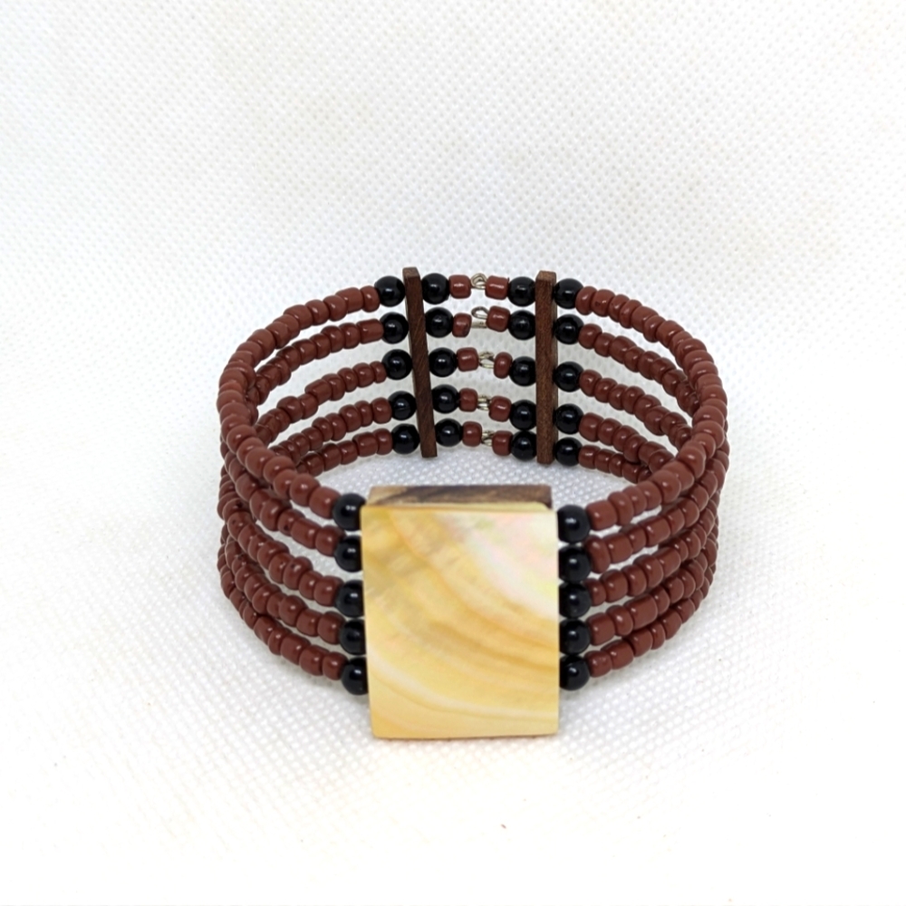 Boho Multi-Strand Cuff Bracelet Black & Brown Beads Bohemian Bangle